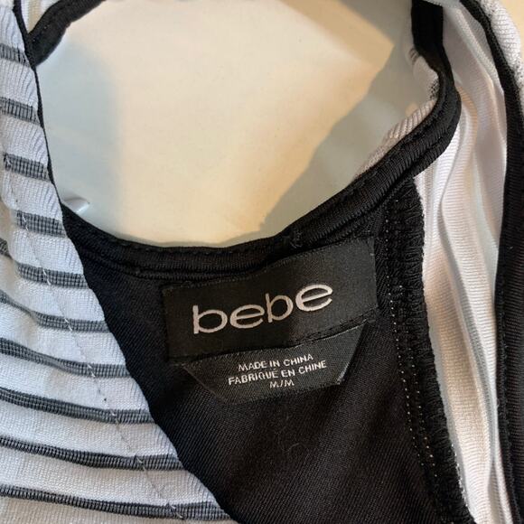 Bebe Top Womens M Medium Black White Striped Sleeveless Scoop Zip Back Peplum - Picture 9 of 13